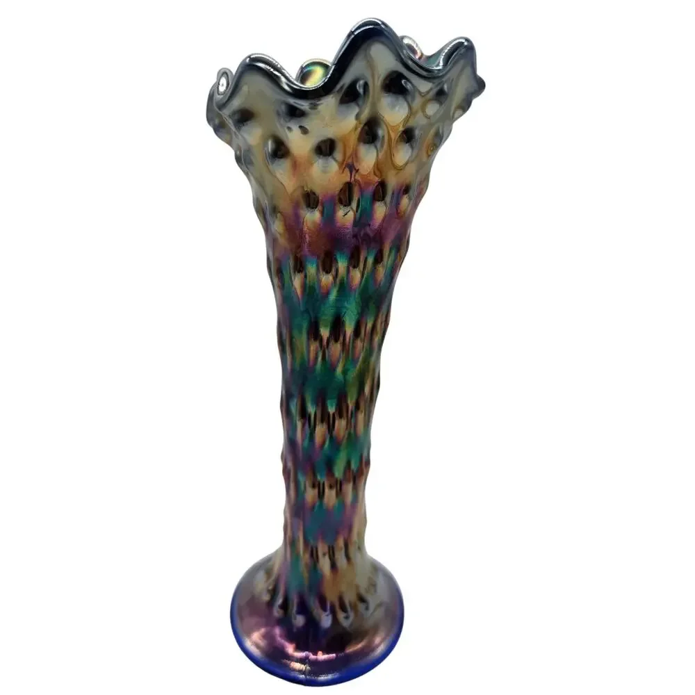 FENTON BLUE RUSTIC HOBNAIL CARNIVAL GLASS VASE 10